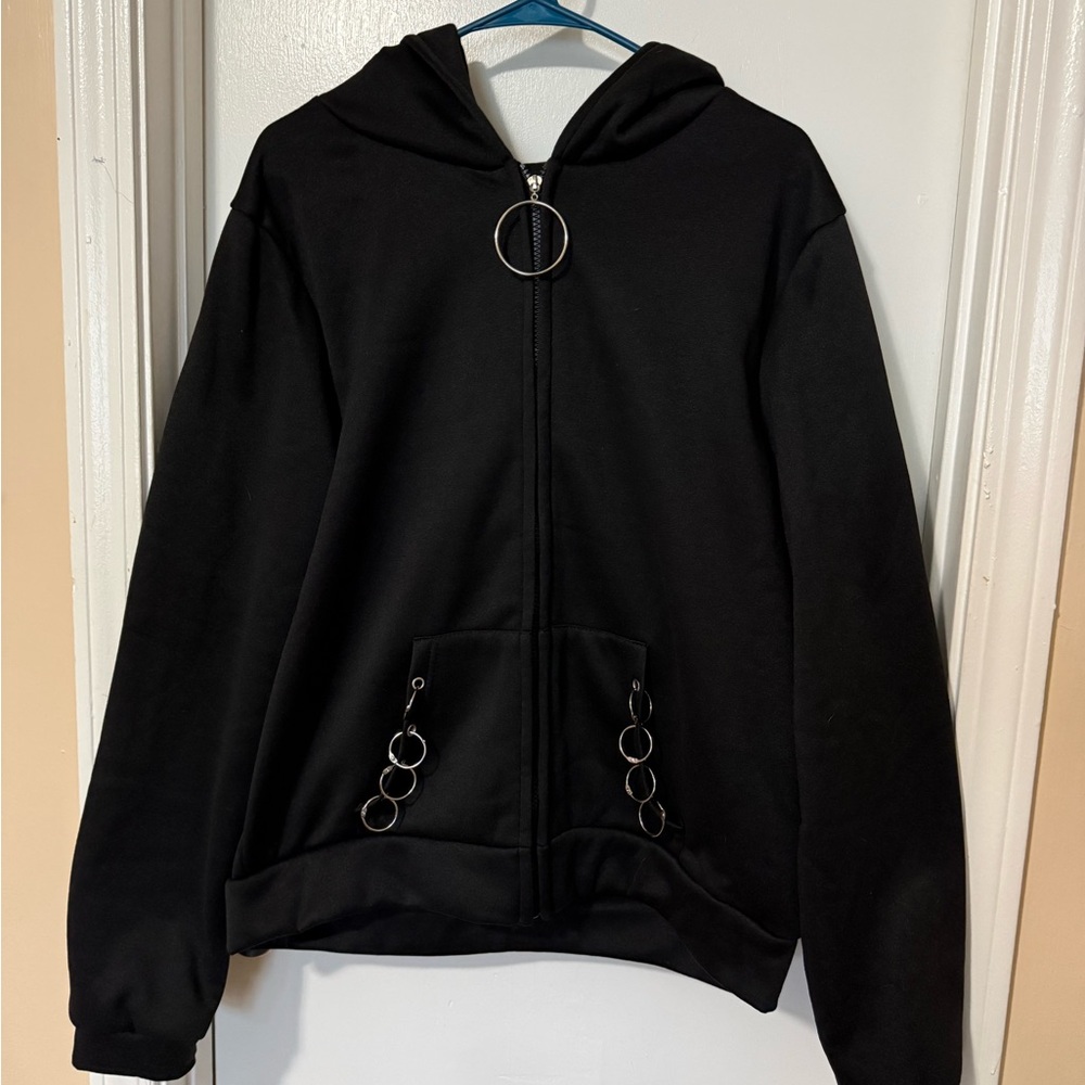 Black Hooded Utility Zip Jacket with Ring Hardware - Picture 2 of 3